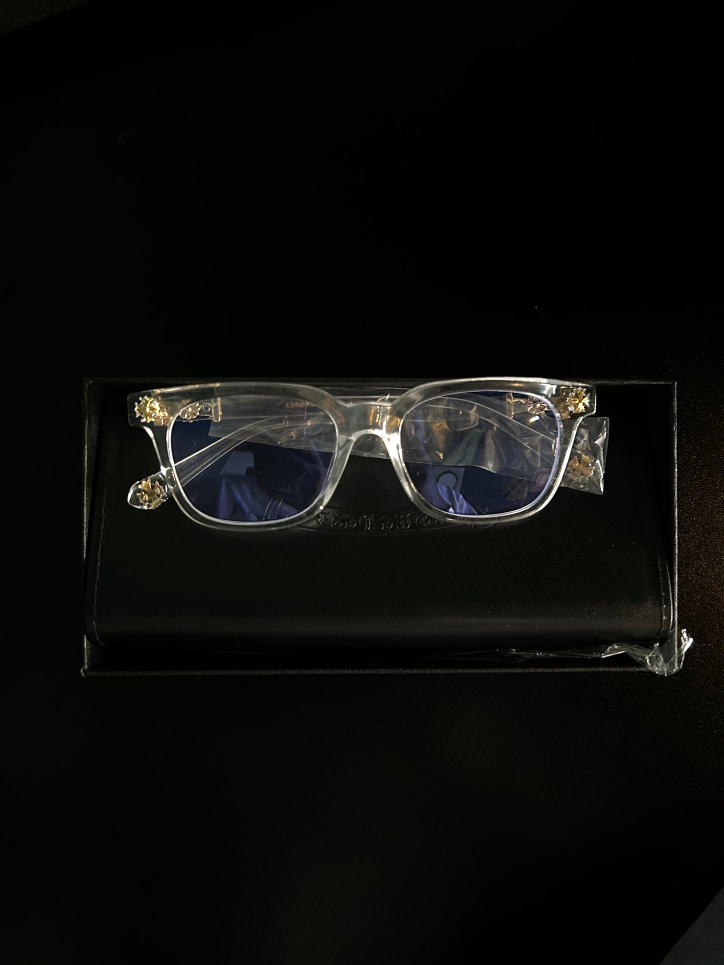 Chrome heart glasses - clear & gold badges